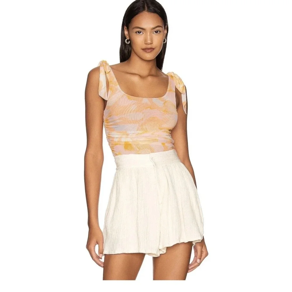 Free People L‎ Avenue Ivory Orange Ruched Mesh Tie Dye Tank Top Boho Summer NWT